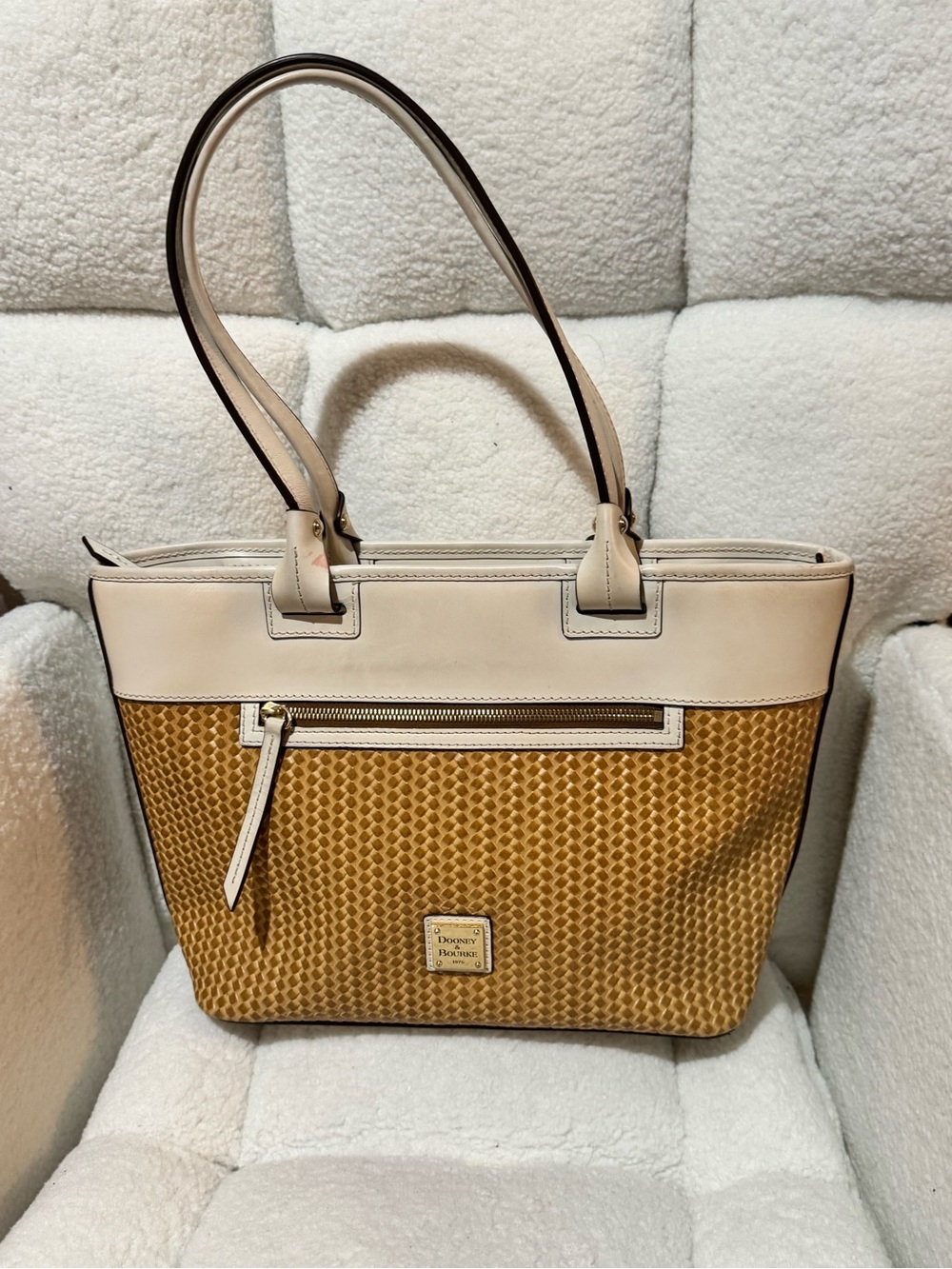 Dooney Bourke Beacon White Brown Leather Woven Embossed Domed Satchel Handbag